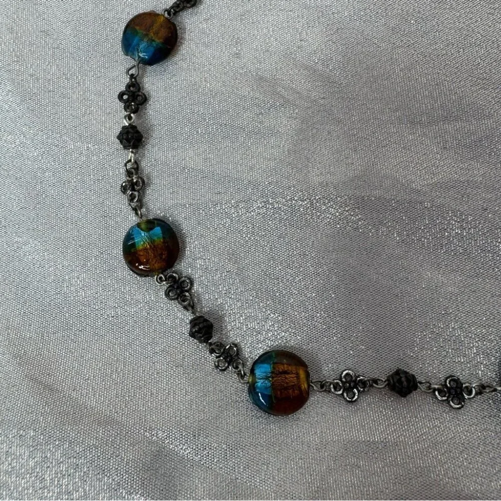 Necklace Dichroic glass beads brown blue toggle necklace silver black luxe